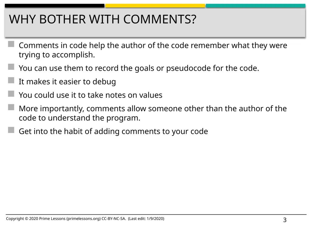 Commenting code BY SANJAY AND ARVIND SESHAN Lesson - slide 3 of 6