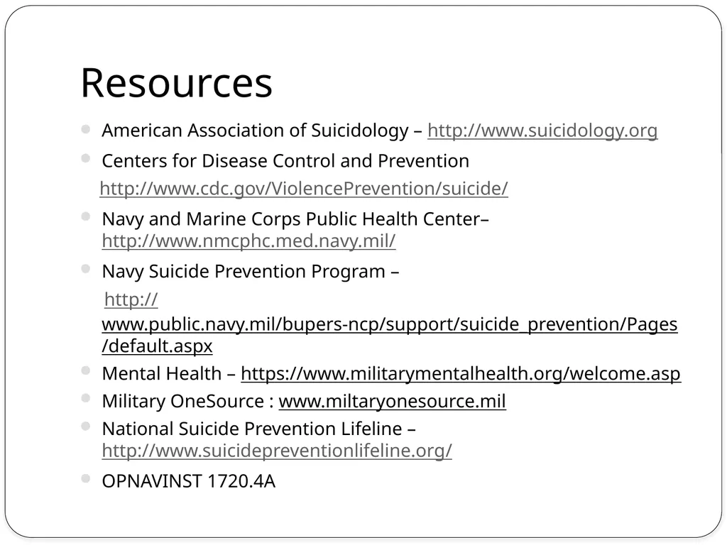 Suicide Awareness and Prevention Learning Topics - slide 15 of 15