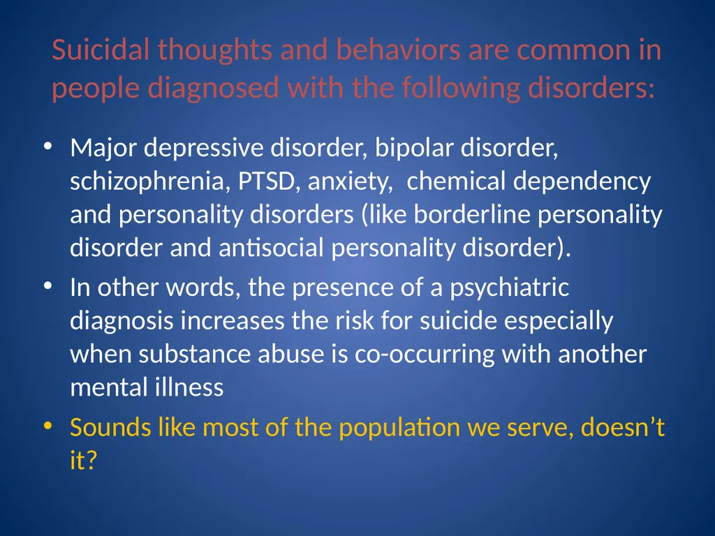 Basic Suicide Risk Assessment Stacey Moody McHenry - slide 2 of 19