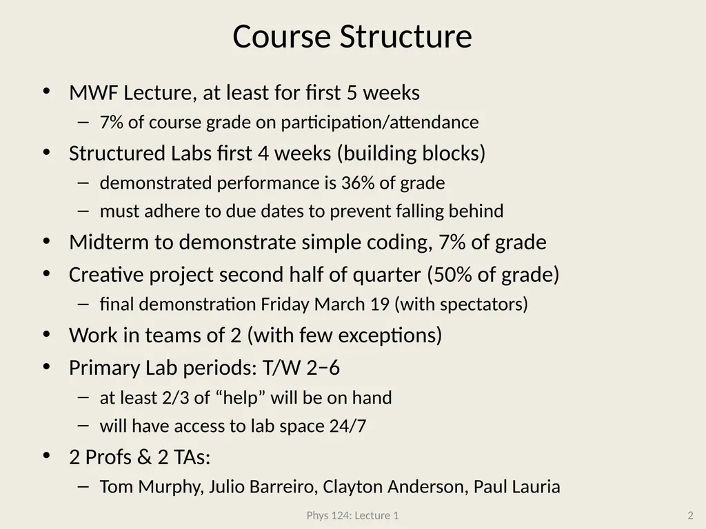Physics 124: Lecture 1 Course Structure Crash - slide 2 of 24