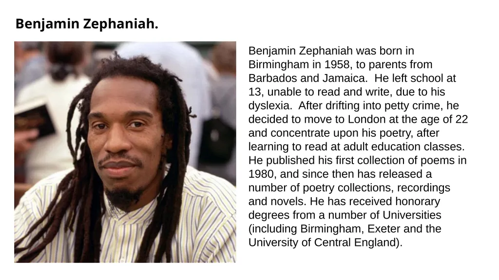How does Benjamin Zephaniah incite us to consider - slide 2 of 13