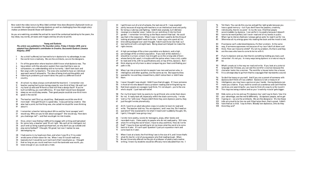 How does Benjamin Zephaniah incite us to consider - slide 3 of 13