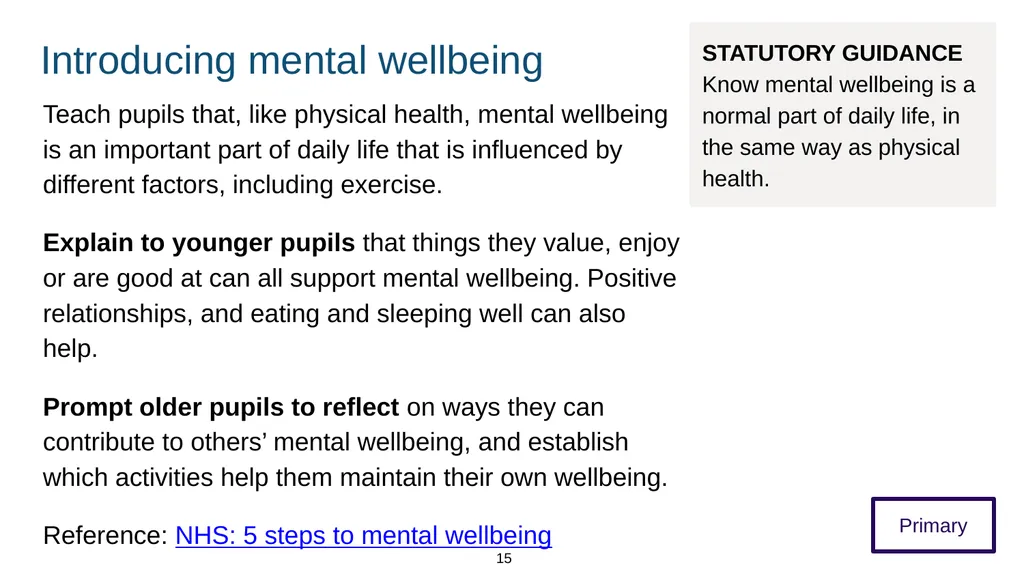 Training module Teaching mental wellbeing Part of: - slide 15 of 62