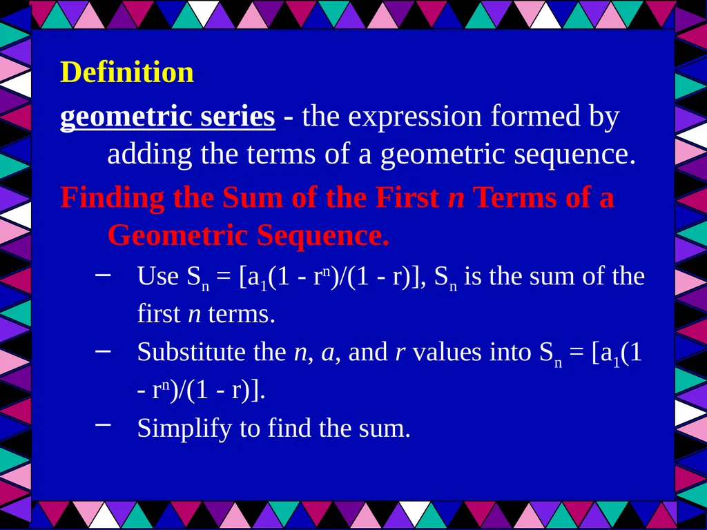 Geometric Sequences Plus a review of arithmetic - slide 18 of 24