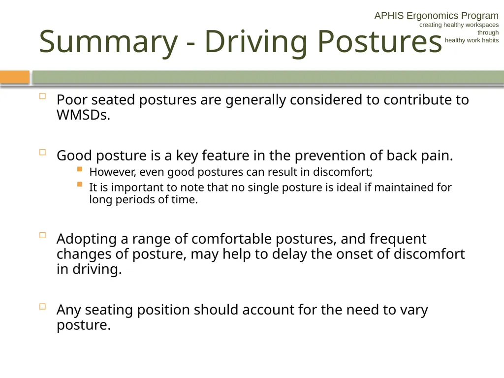 APHIS ERGONOMICS PROGRAM DRIVING Ergonomics - slide 60 of 62