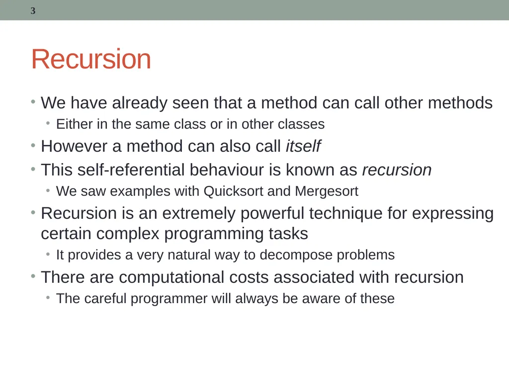 Recursion CITS1001 2 Scope of this lecture Concept - slide 3 of 40