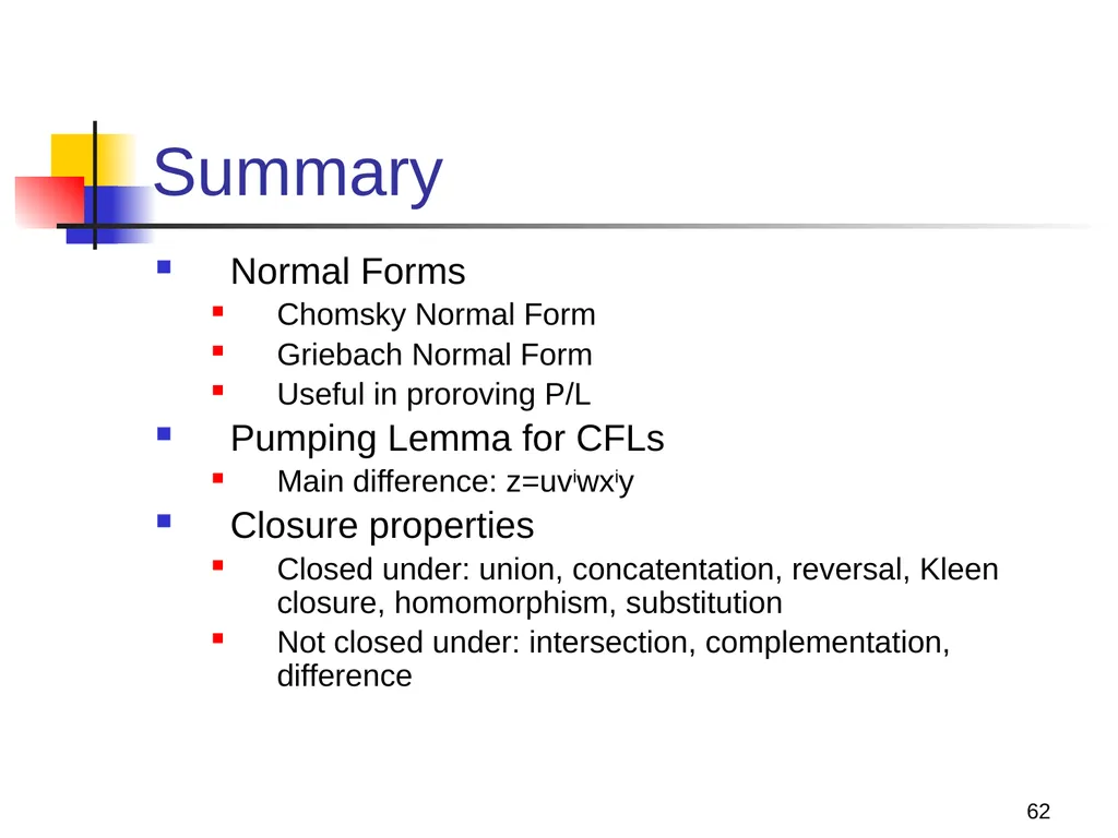 1 Properties of Context-free Languages Reading: - slide 62 of 62
