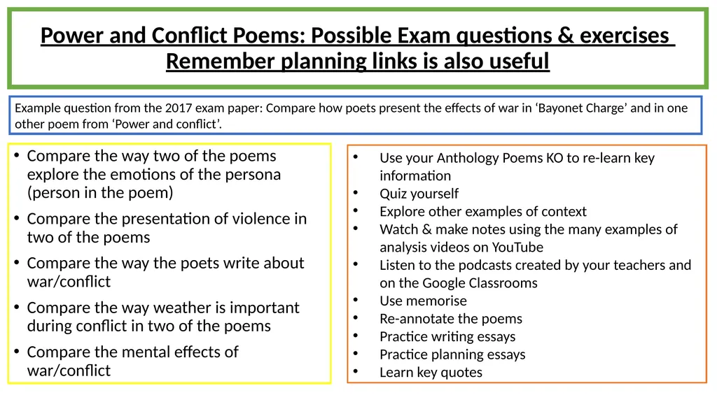 A comparison poem essay is 45 minutes and 30 marks - slide 19 of 19