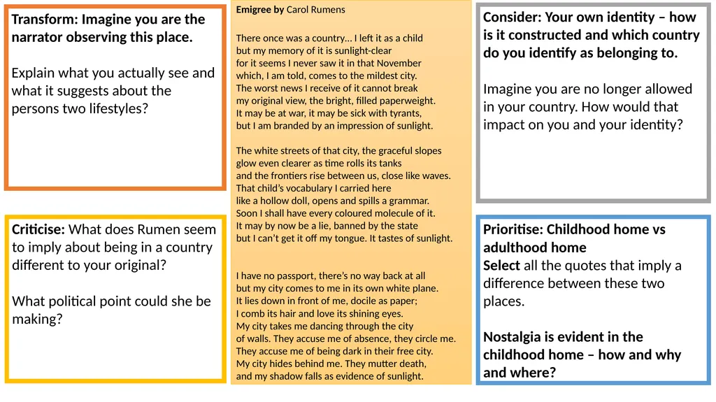 A comparison poem essay is 45 minutes and 30 marks - slide 16 of 19