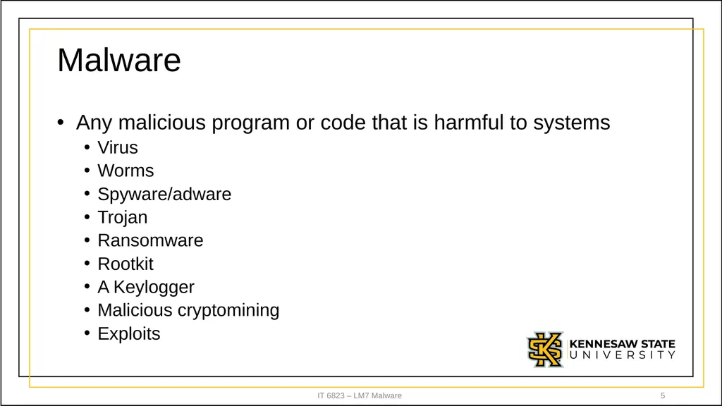 IT 6823 LM 7 – Malware Dr. Lei Li IT - slide 5 of 23