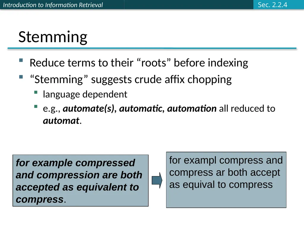 Stemming and Lemmatization Lemmatization Reduce - slide 3 of 9