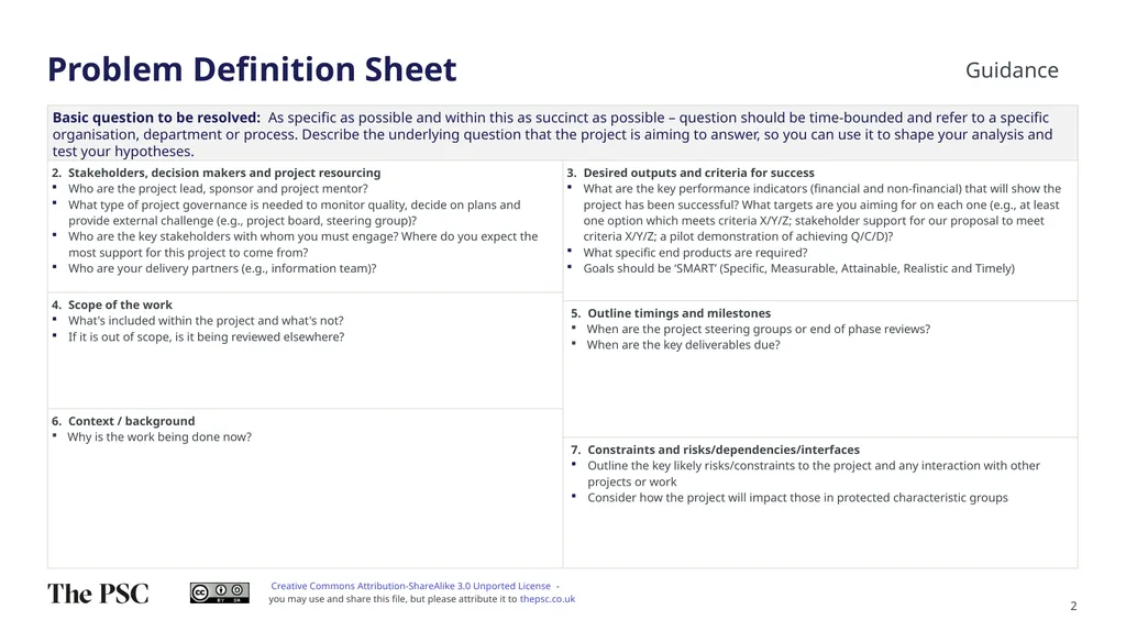 Problem Definition Sheet (PDS) – Guidance and - slide 2 of 4