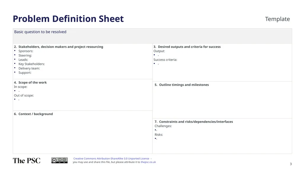 Problem Definition Sheet (PDS) – Guidance and - slide 3 of 4