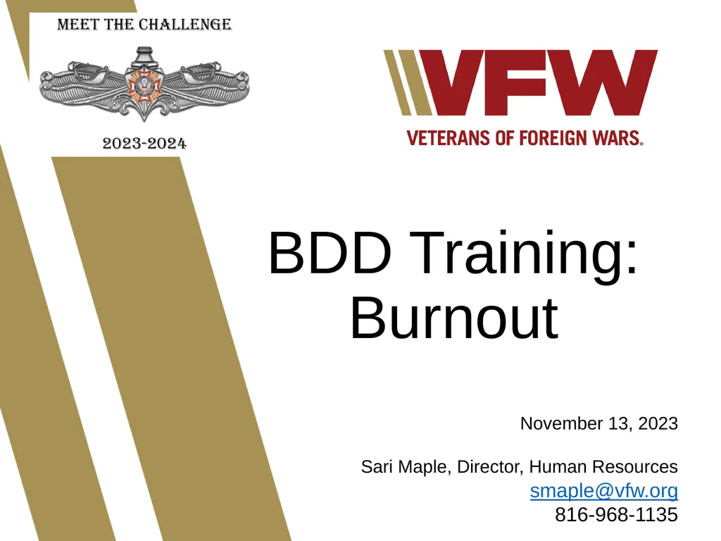 BDD Training: Burnout November 13, 2023 Sari - slide 1 of 11