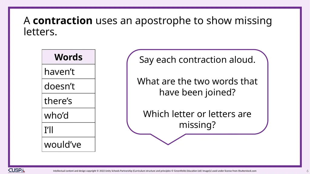 CUSP Spelling 1 Year 3 Block 6 Contractions - slide 6 of 33