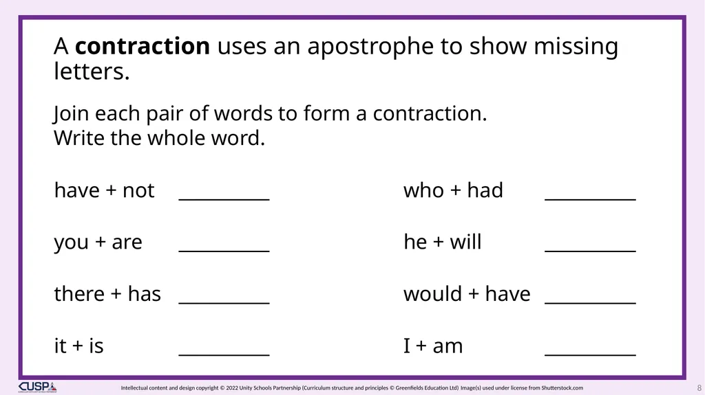 CUSP Spelling 1 Year 3 Block 6 Contractions - slide 8 of 33