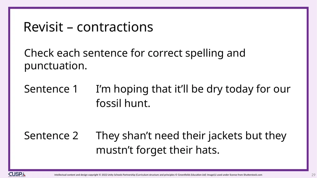 CUSP Spelling 1 Year 3 Block 6 Contractions - slide 29 of 33