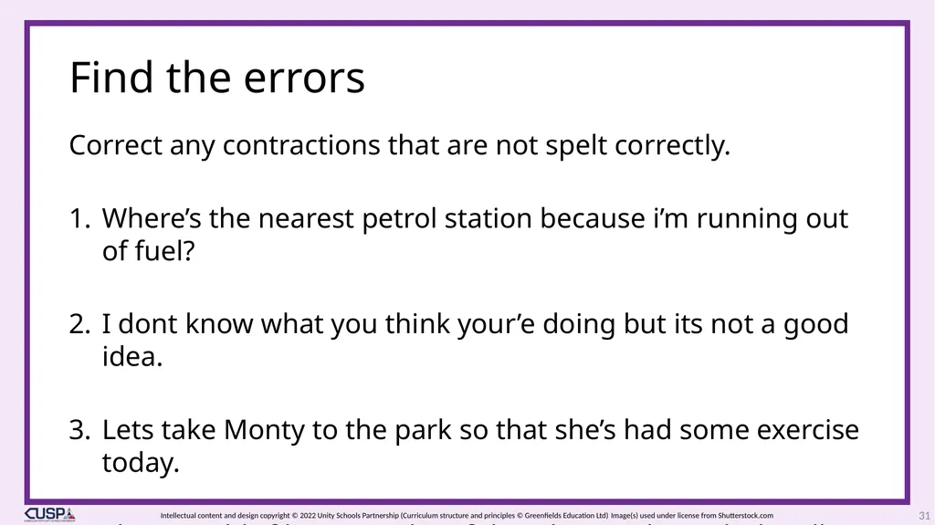 CUSP Spelling 1 Year 3 Block 6 Contractions - slide 31 of 33