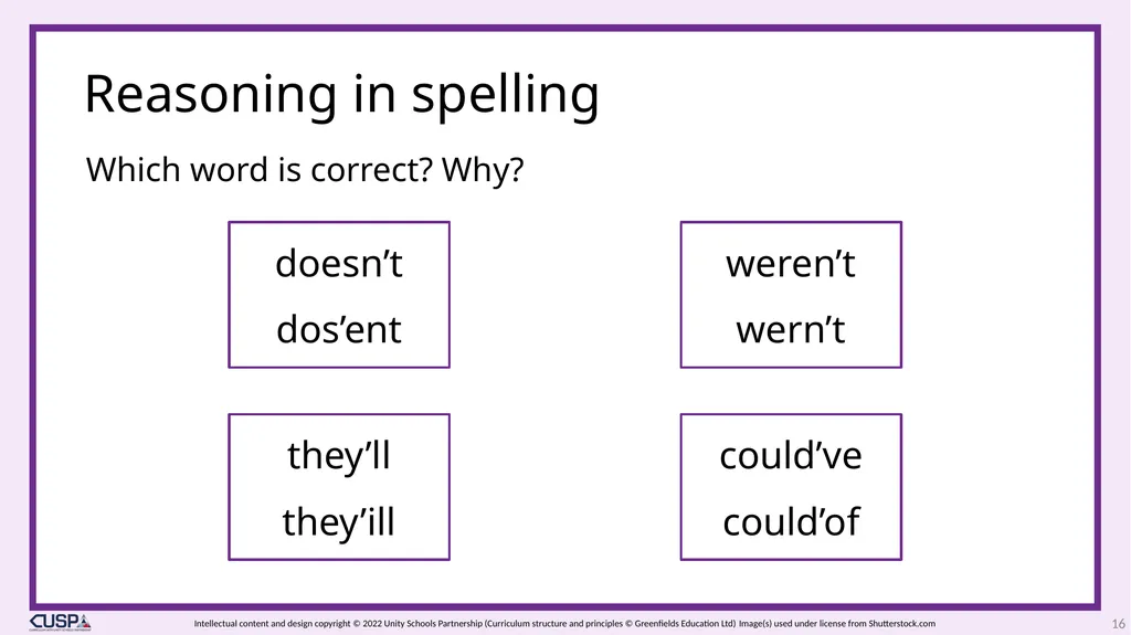 CUSP Spelling 1 Year 3 Block 6 Contractions - slide 16 of 33