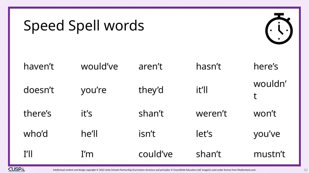 CUSP Spelling 1 Year 3 Block 6 Contractions - slide 10 of 33