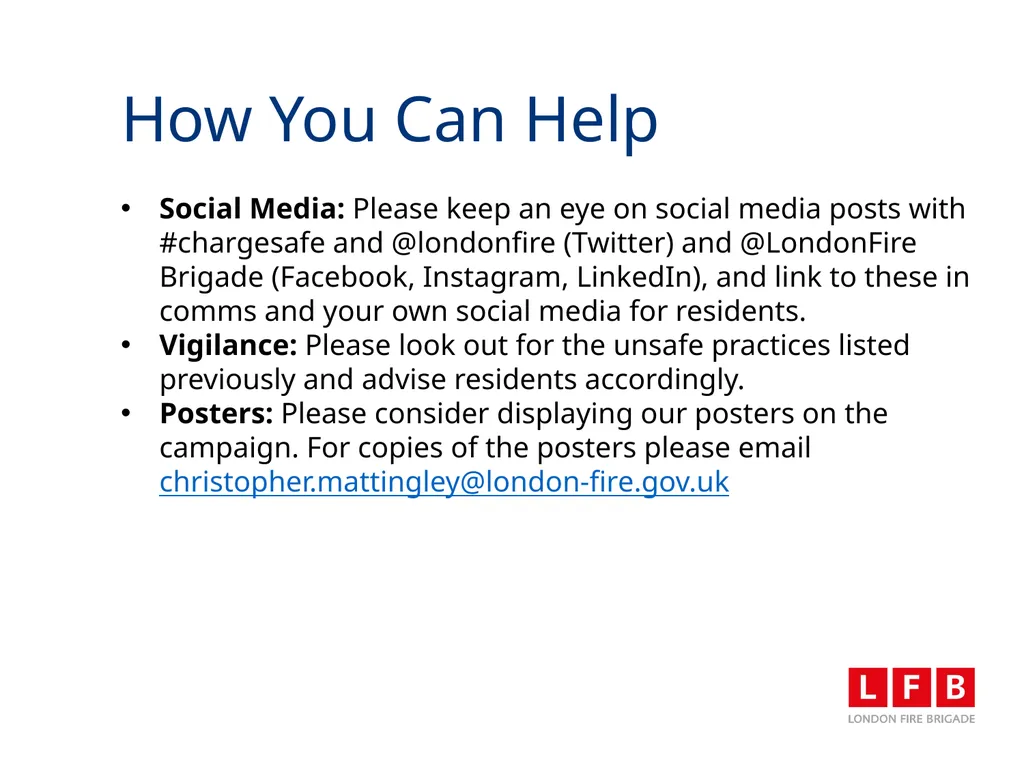 LFB Charge Safe Campaign 5th July 2023 Aim To - slide 10 of 13