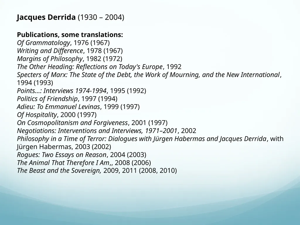 Jacques Derrida (1930 – 2004) Publications, some - slide 1 of 13