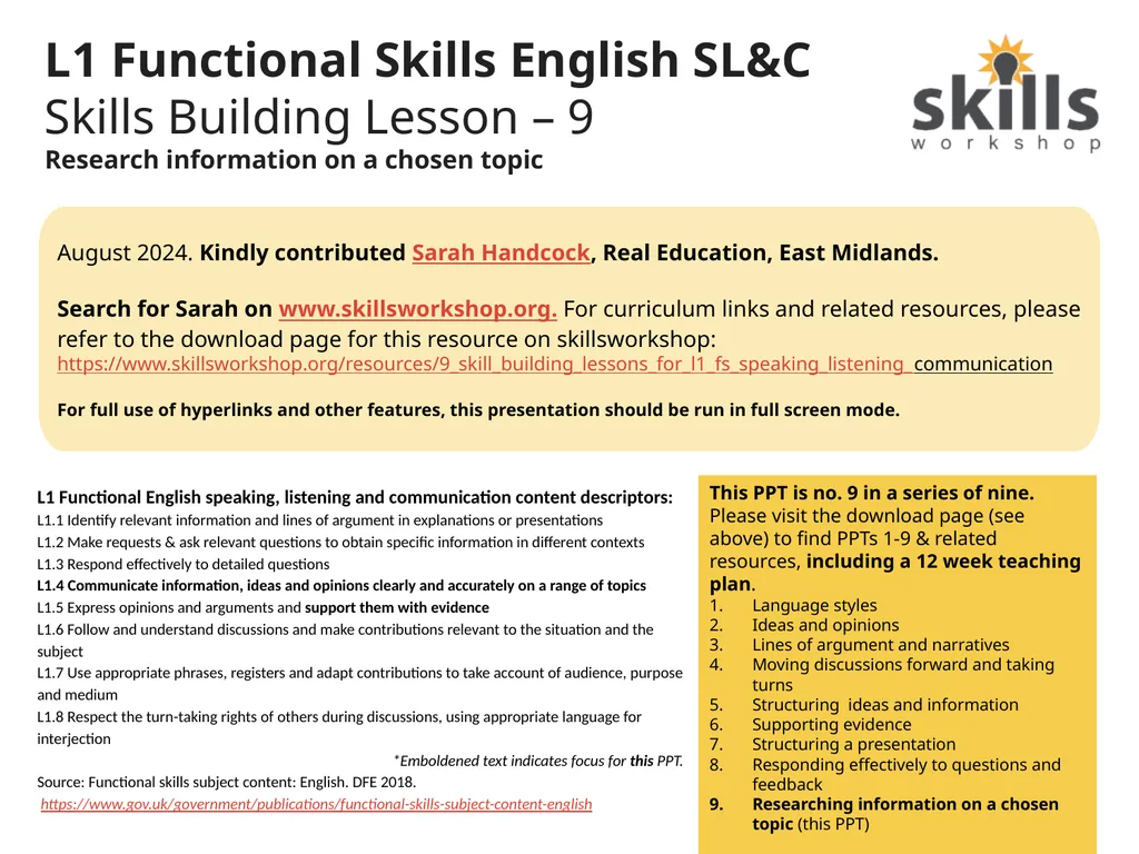 L1 Functional Skills English SL&C Skills Building - slide 1 of 11