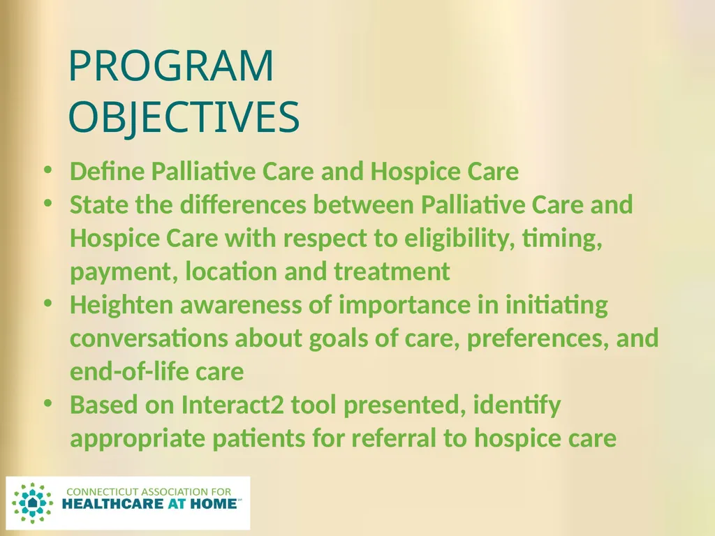 PALLIATIVE CARE & HOSPICE CARE A Comparison to - slide 2 of 35