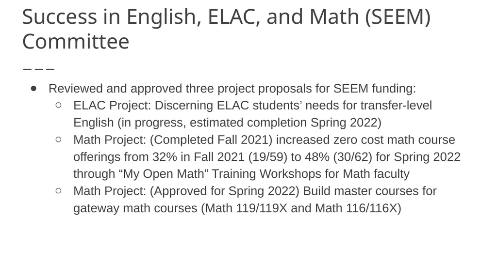 Success in English, ELAC, and Math (SEEM) - slide 1 of 2
