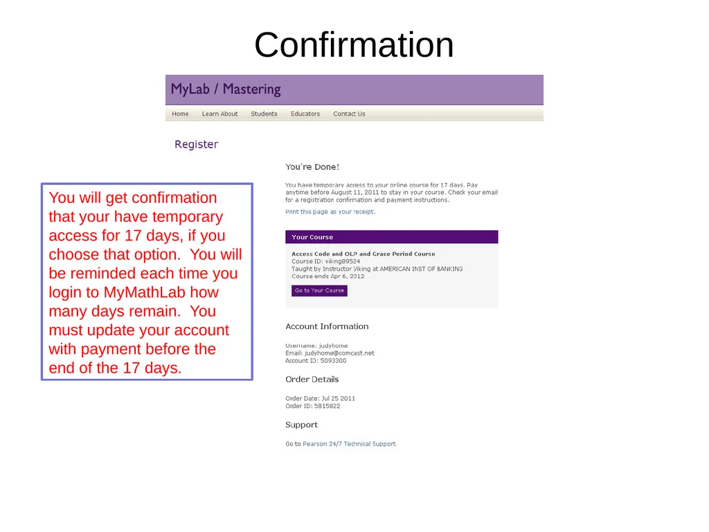 Registration MyMathLab Online HW MA 22000 Need - slide 12 of 16