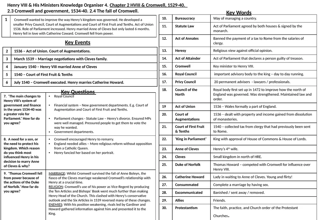 Henry VIII & His Ministers Knowledge Organiser 1. - slide 4 of 6