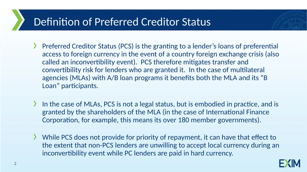 EXIM Approach to Multilateral Agency Preferred - slide 2 of 7