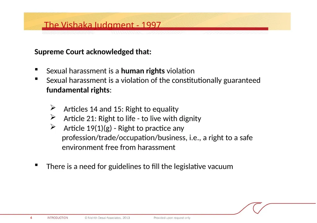 INDIA: PROHIBITION OF SEXUAL HARASSMENT AT THE - slide 5 of 28