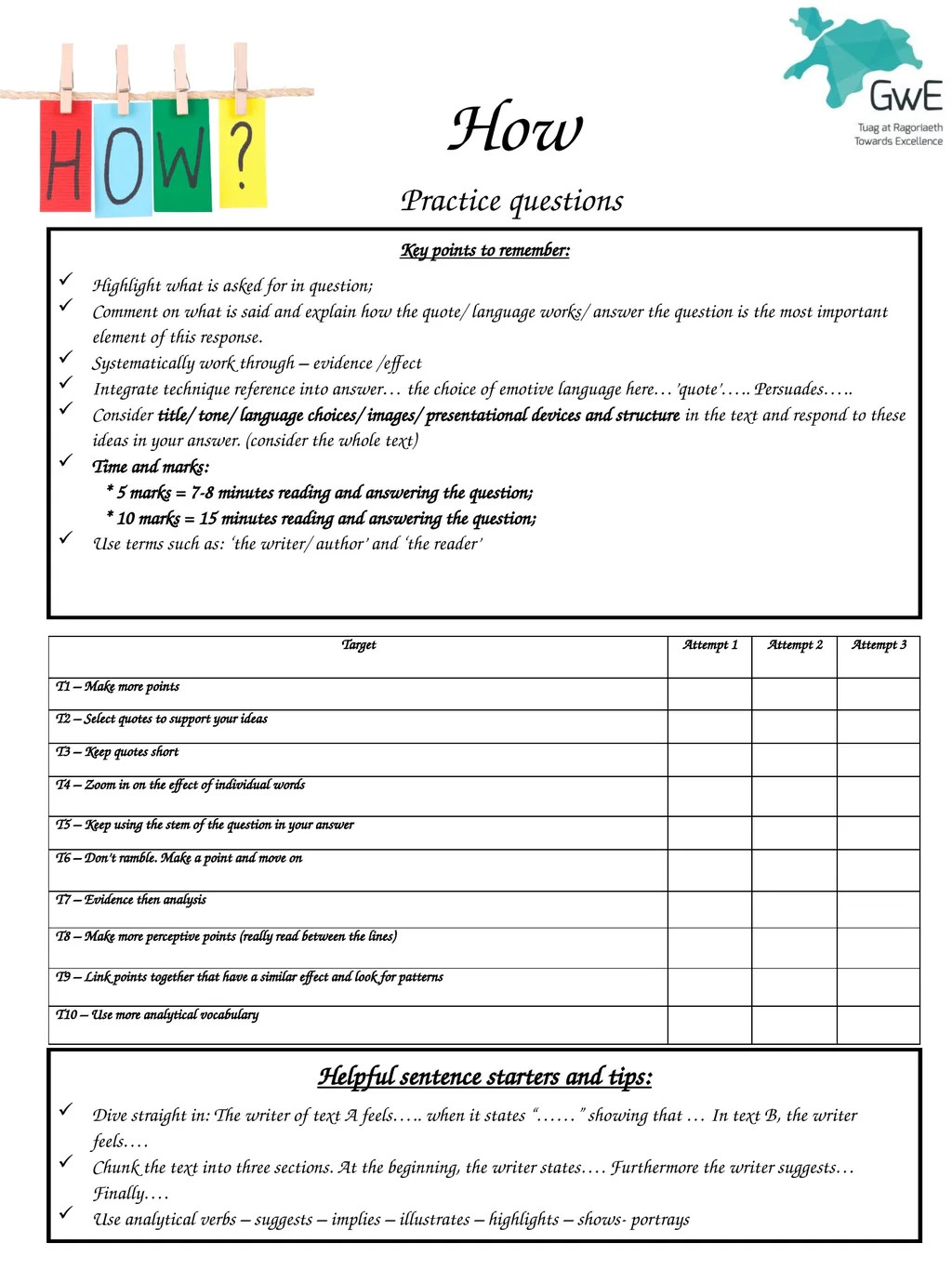 How Practice questions Helpful sentence starters - slide 1 of 12