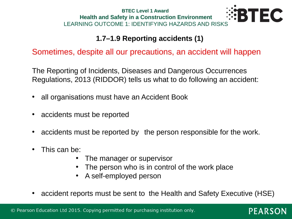 BTEC Level 1 Award Health and Safety in a - slide 18 of 22