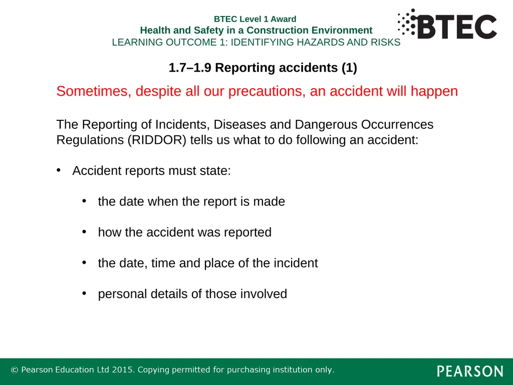 BTEC Level 1 Award Health and Safety in a - slide 19 of 22