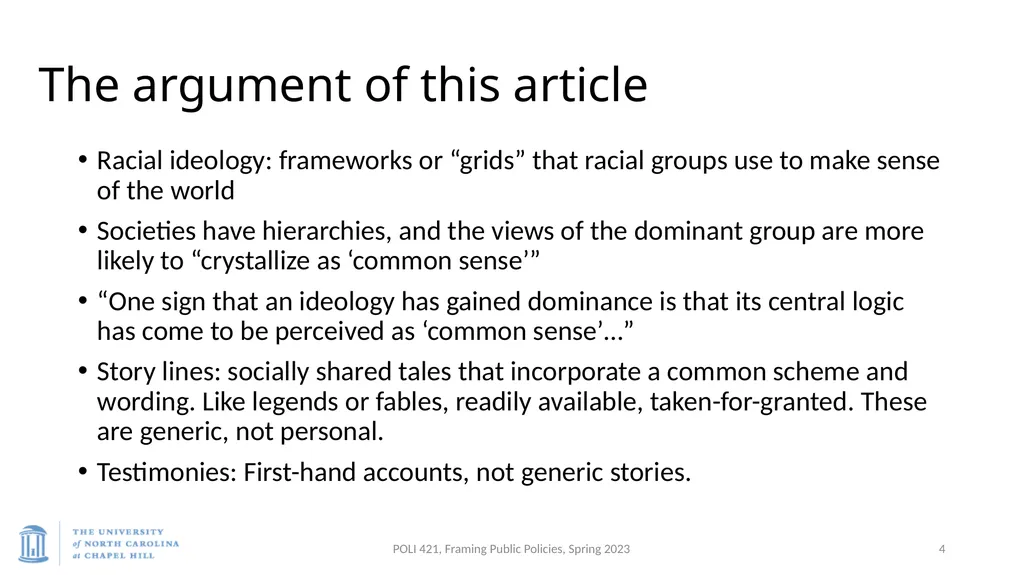 Baumgartner, Framing, Spring 2023 Bonilla-Silva, - slide 4 of 23