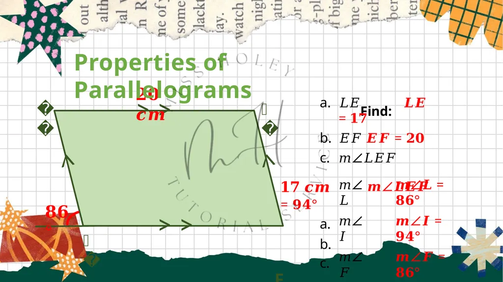 Math 9 Properties of Parallelograms Properties of - slide 4 of 11