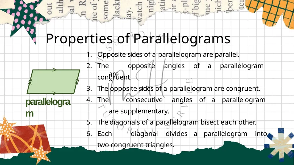 Math 9 Properties of Parallelograms Properties of - slide 3 of 11