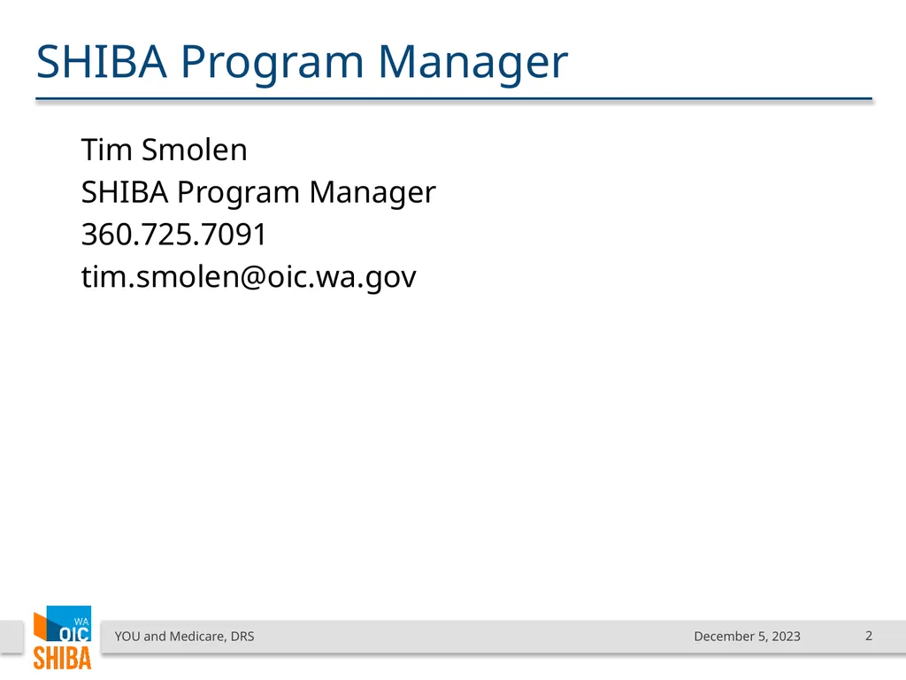 You & Medicare December 2023 SHIBA Program Manager - slide 2 of 68