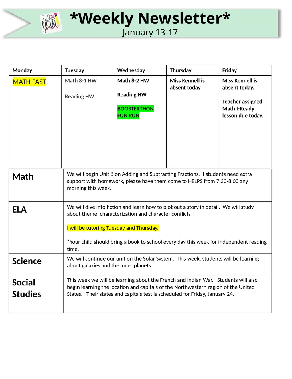*Weekly Newsletter* January 13-17