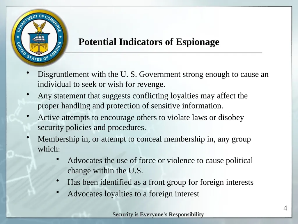 Espionage Indicators Updated 8/2016 U.S. - slide 4 of 39