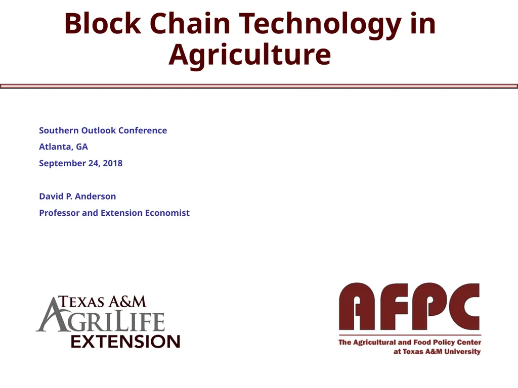 Block Chain Technology in Agriculture Southern - slide 1 of 16