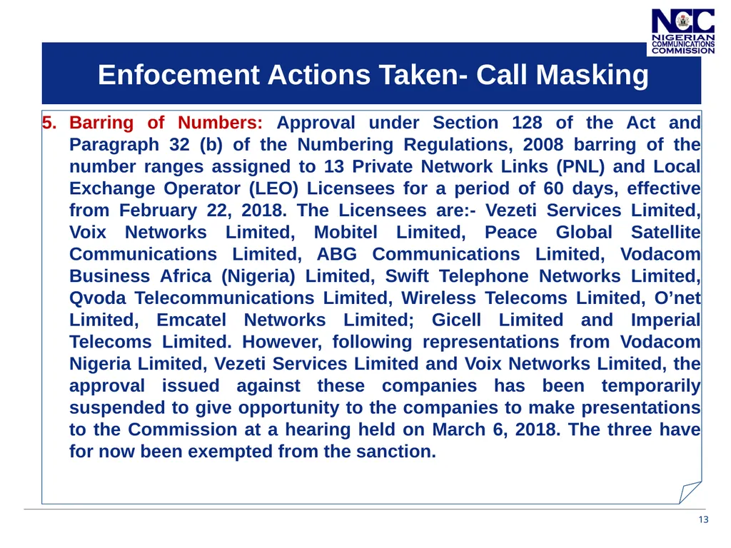 Presentation on Call Masking and Pre-Registered - slide 13 of 20