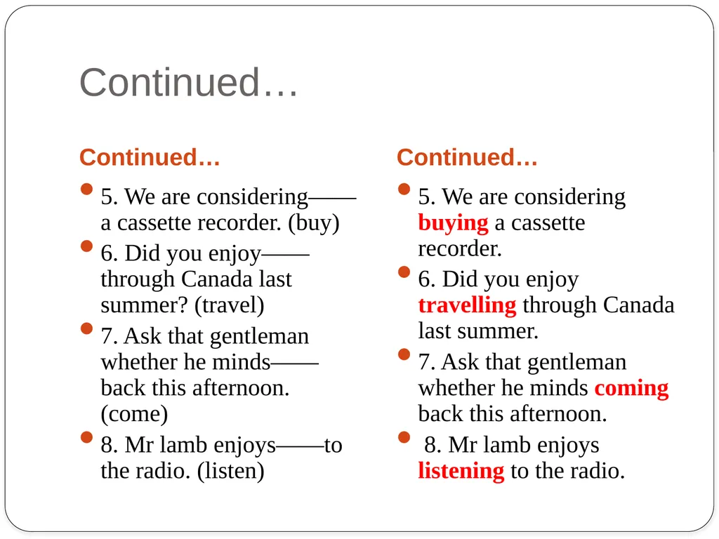 Grammar Exercises with specific emphasis on GERUND - slide 7 of 17