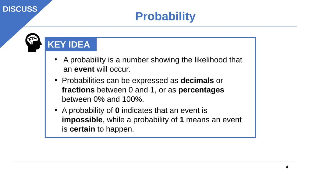 1 Objectives Understand the likelihood of events - slide 4 of 21