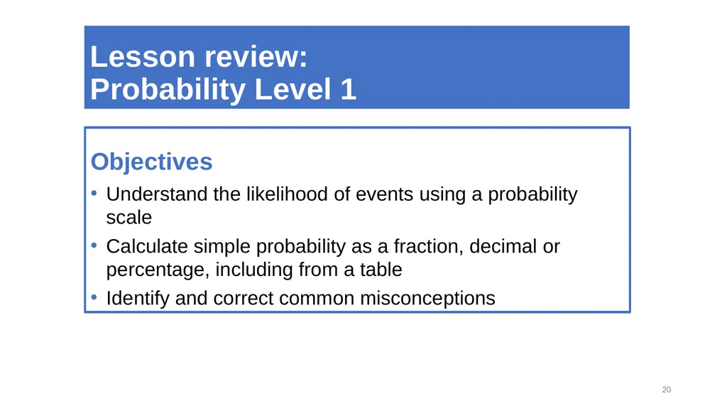 1 Objectives Understand the likelihood of events - slide 20 of 21