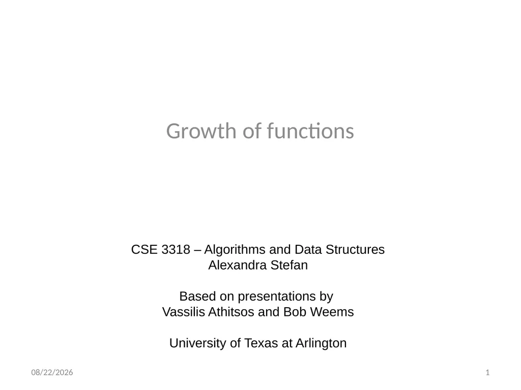 Growth of functions CSE 3318 – Algorithms and Data - slide 1 of 28