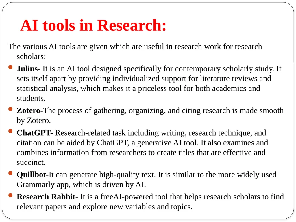 Topic:Role of Artificial Intelligence for Research - slide 5 of 9
