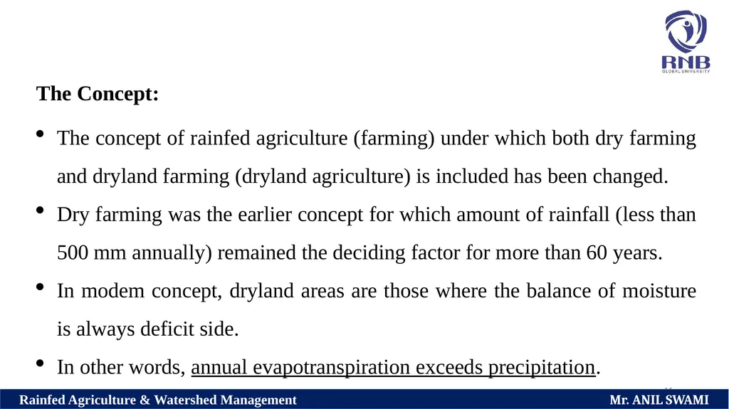 Course Name: Rainfed Agriculture & Watershed - slide 11 of 22